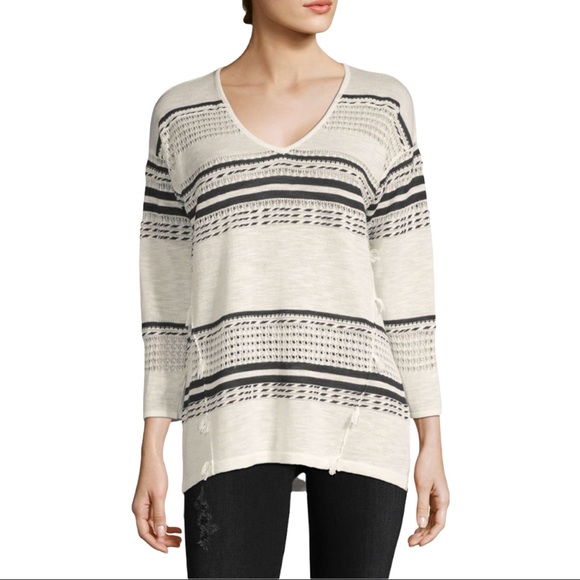 August Silk Black White Striped V Neck Fringe Semi Sheer Pullover Sweater Medium - Picture 1 of 15